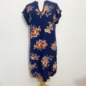 Navy floral cap sleeve v-neck crochet back yoke soft knit dress L